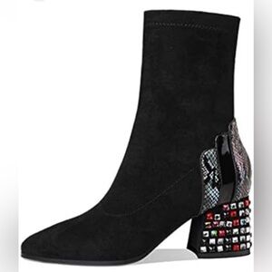 NWOT - Faux Suede Ankle boots with Colourful Rhinestone Décor Heels (US 7)
